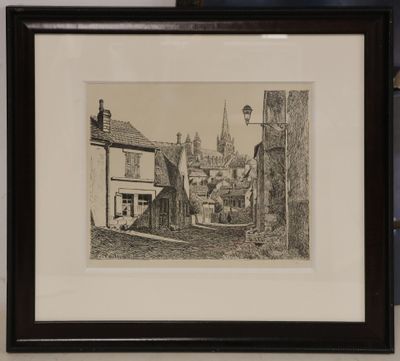 drawing of a street in a village with a church in the background