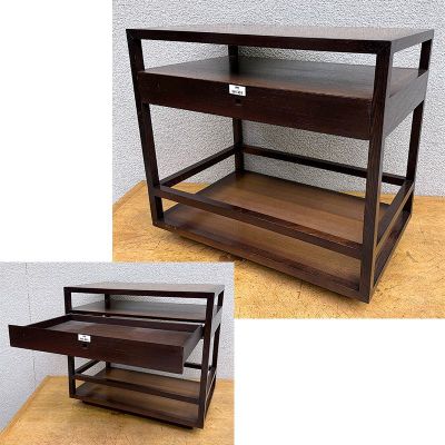two photos of a wooden shelf with a drawer on top of it