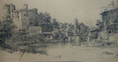 dessin représentant une rivière avec un château en arrière-plan
