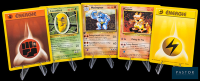 four different pokemon cards are shown in a row on a black background