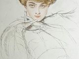 a drawing of a woman with a large hat on her head