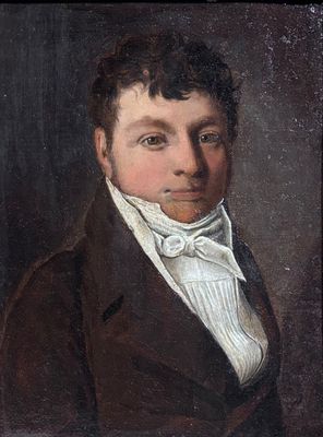 portrait d'un homme vêtu d'un manteau marron et d'un nœud papillon blanc