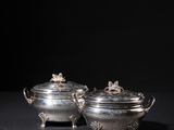 a pair of silverplated sugar and butter dishes on stands