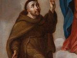 an image of a painting of a man in a brown robe standing on a cloud