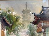 une aquarelle représentant une pagode en arrière-plan