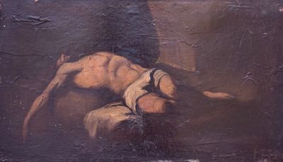 un vieux tableau représentant un homme allongé sur un lit, la tête posée sur un oreiller