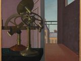 une peinture à l'huile représentant un télescope posé sur une table devant une fenêtre