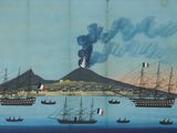 un tableau représentant des bateaux sur l'eau, avec une montagne en arrière-plan