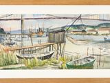 une aquarelle représentant des bateaux sur l'eau près d'un pont