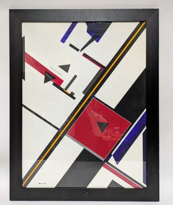 a black frame with a red, white, and blue abstract painting