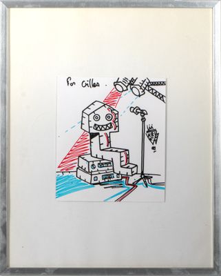 dessin encadré représentant un robot muni d'un micro et d'une pile de cartons