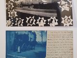 two old photos of a train and a postcard on a wall