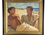 tableau représentant deux hommes assis sur une plage, enveloppés dans une serviette