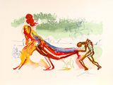 un tableau représentant un homme et une femme promenant un chien