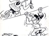 un vieux dessin animé montrant un homme sur un skateboard à côté d'un autre homme sur un skateboard