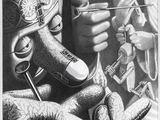 pencil drawing of a man holding a cigarette in front of a group of people