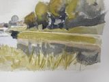 a watercolor painting of a river with trees in the background