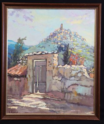 une peinture à l'huile représentant un bâtiment en pierre avec une porte et une montagne en arrière-plan