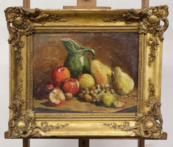 H. BAYLE : « Nature morte aux fruits et au pichet ». Huile sur pa...