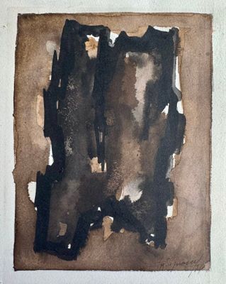 a painting of a piece of brown paper with black paint on it