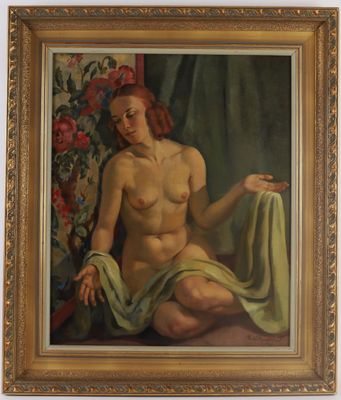 a painting of a woman sitting on a chair holding a towel