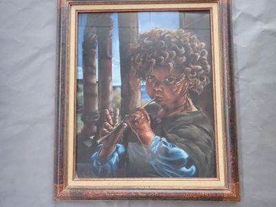 une photo d'un tableau représentant un homme jouant de la flûte