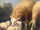 a painting of sheep and lambs in a field