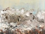 une peinture abstraite représentant une chaîne de montagnes sur fond de ciel
