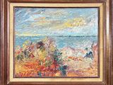 une peinture à l'huile représentant une scène de plage avec un bateau au loin
