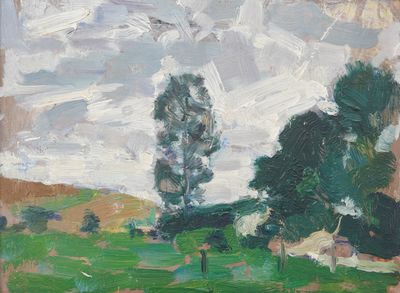 an oil painting of two trees in a field with a sky background