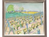 une peinture à l'huile représentant un vignoble avec des arbres en arrière-plan