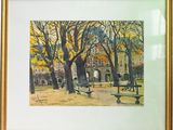 une photo d'un tableau représentant un banc dans un parc