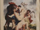 un vieux livre sur lequel figure une peinture représentant une femme à cheval et un homme à cheval