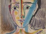 an image of a drawing of a woman ' s face with different colored lines