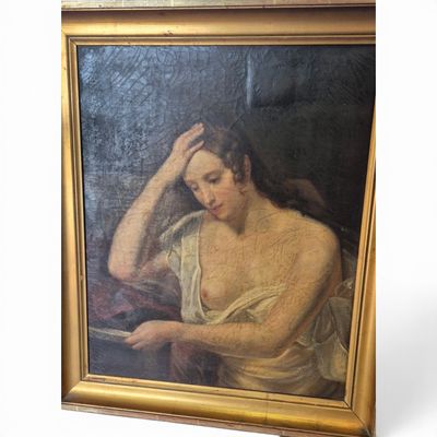 an oil painting of a woman reading a book in a gold frame