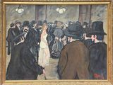 une image représentant un tableau où l'on voit une femme en robe blanche marchant au milieu d'une foule