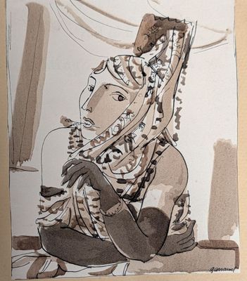 dessin représentant une femme assise par terre, coiffée d'un chapeau