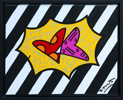 peinture représentant une paire de ciseaux sur un fond rayé noir et blanc