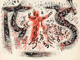 une image représentant un dessin d'un homme vêtu d'une robe rouge et tenant un bâton
