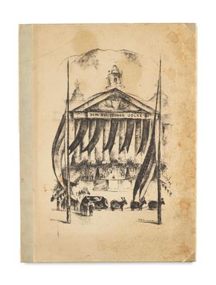 an old drawing of a building with a flag on top of it