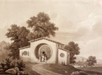 un dessin représentant un bâtiment devant lequel se tient un homme