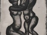 a black and white drawing of two nudes hugging each other