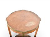 a small table with a wooden top on a white surface