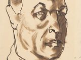 dessin représentant le visage d'un homme portant des lunettes, sur fond beige