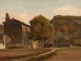 painting of an old house in a rural setting with trees
