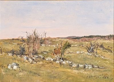 painting of a painting of a cow in a field with trees in the background