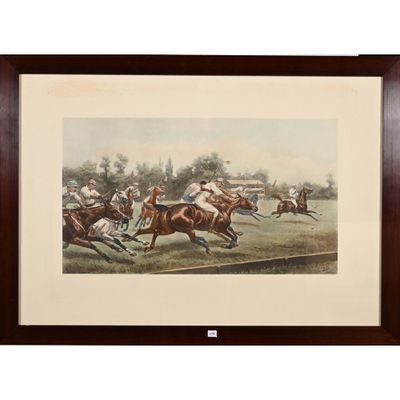 tableau représentant une course hippique avec des jockeys et des chevaux galopant sur la piste