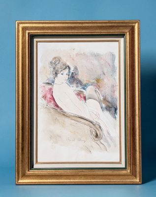 an image of a painting of a woman sitting on a couch