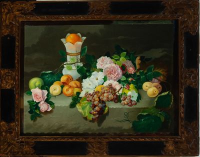 a painting of fruit and flowers on a table