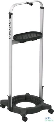 a close up of a black and white step stool on wheels
